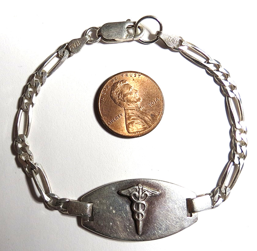 VTG 925 STERLING SILVER BACK ENGRAVED MEDICAL ALERT BRACELE CHAIN 7 1/2\