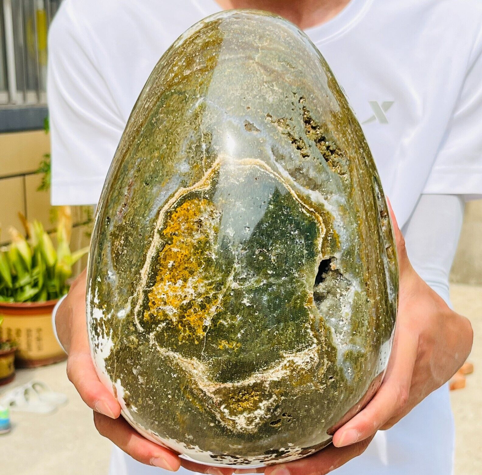 23.21LB Large Natural Ocean Jasper Egg With Druzy Quartz Crystal Reiki Healing