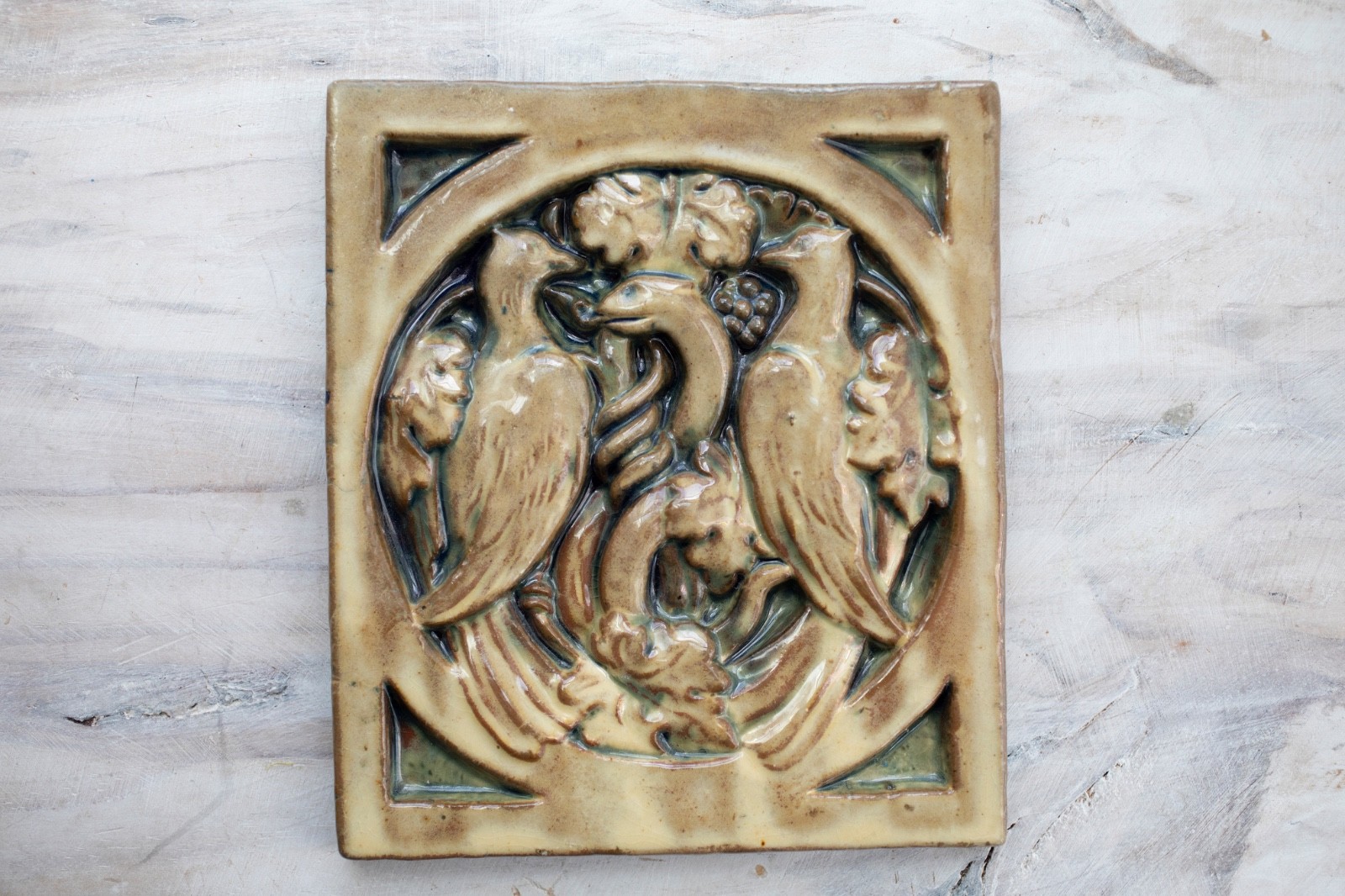 Vintage 1997 Moravian Pottery and Tileworks 2 birds and snake tile
