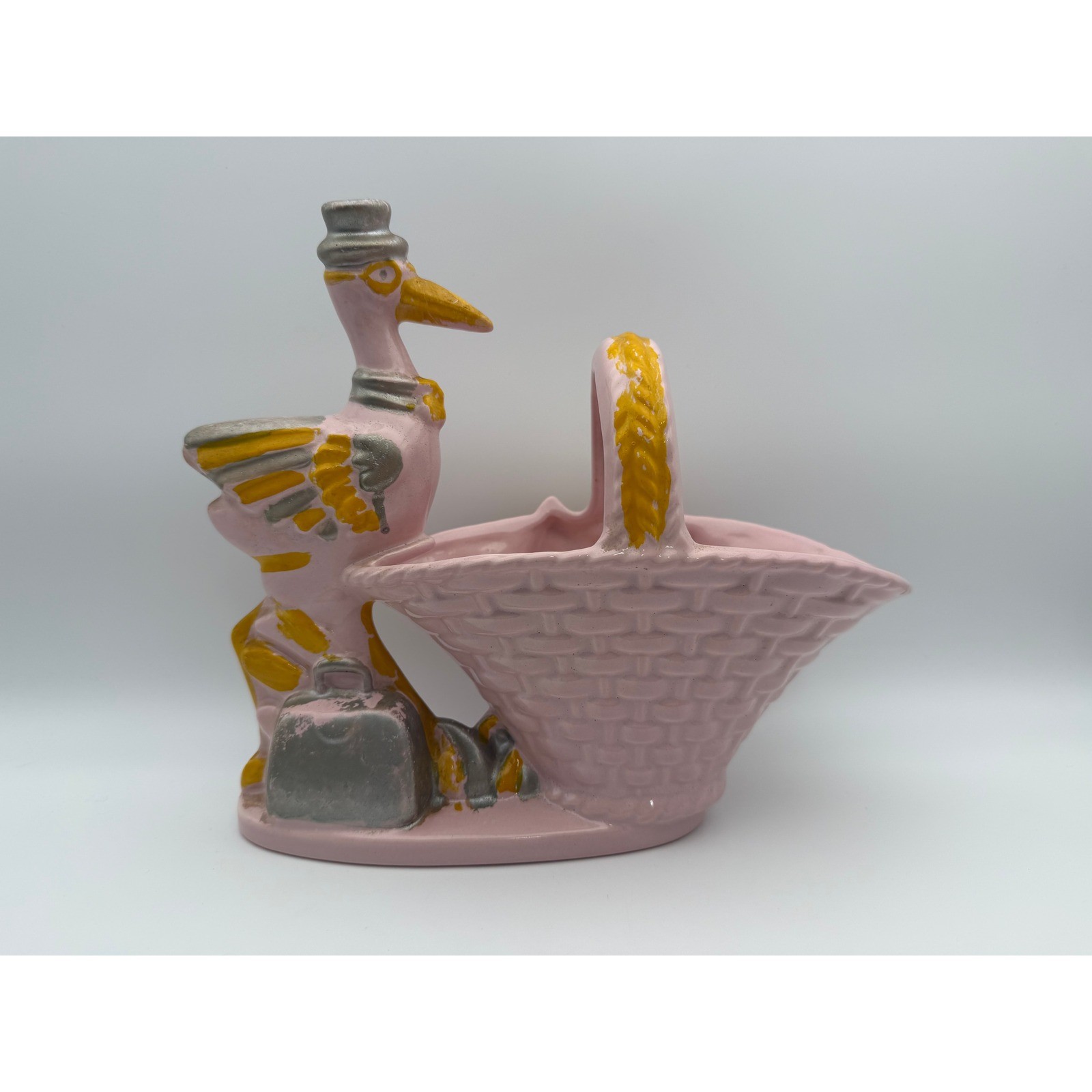 Vintage Haeger USA Pink Stork Baby Basket Planter Ceramic Pottery T036