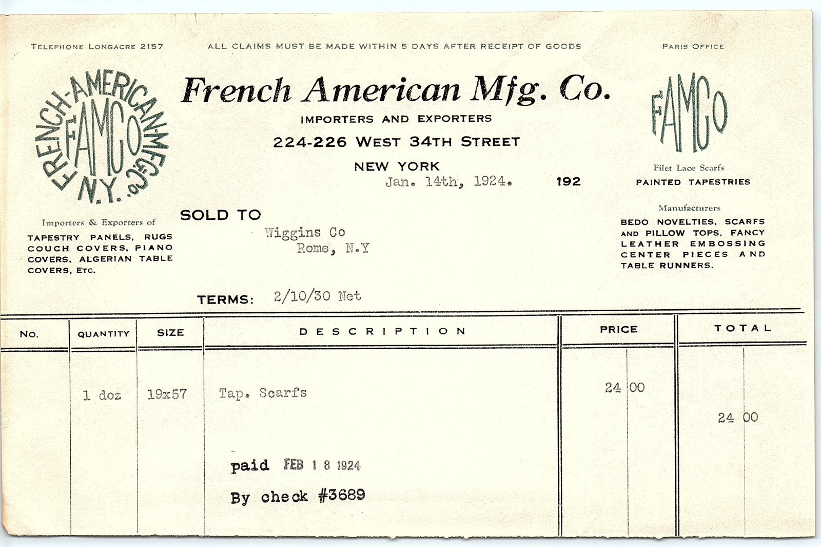 1924 French American Mfg. Co. billhead, tapestry scarfs