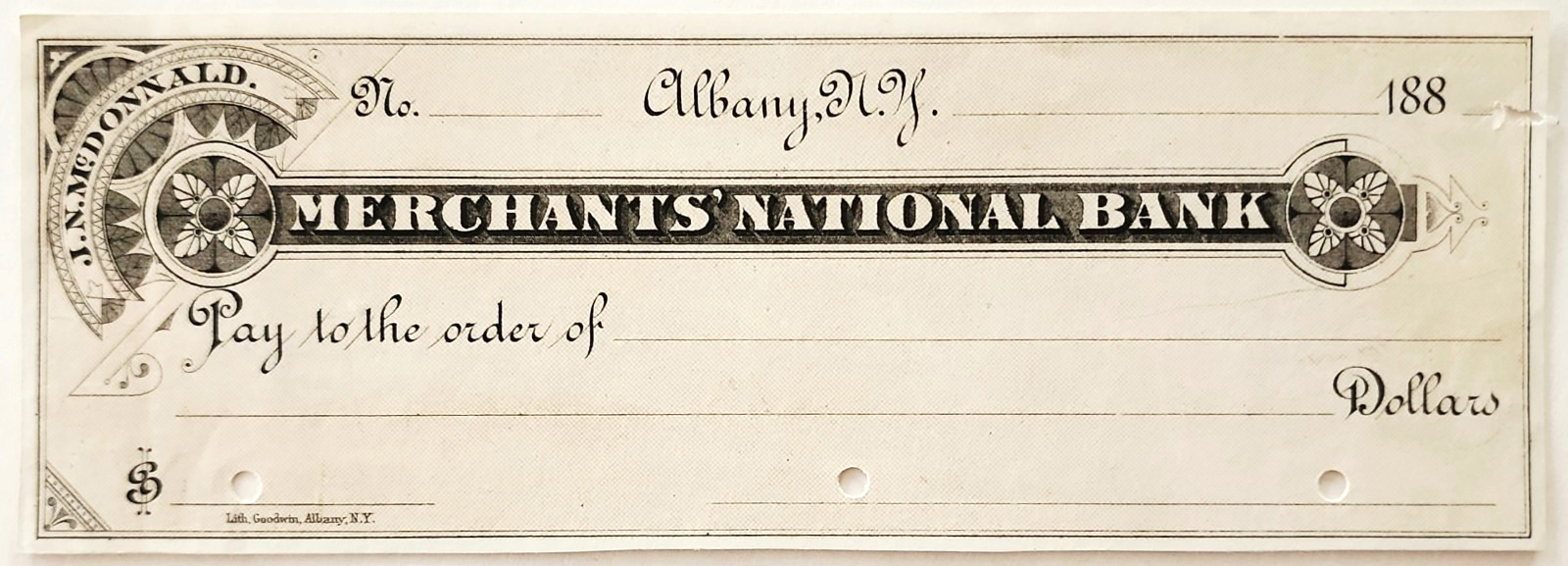 1880s Merchants National Bank Albany NY Blank Check Unused Antique Victorian