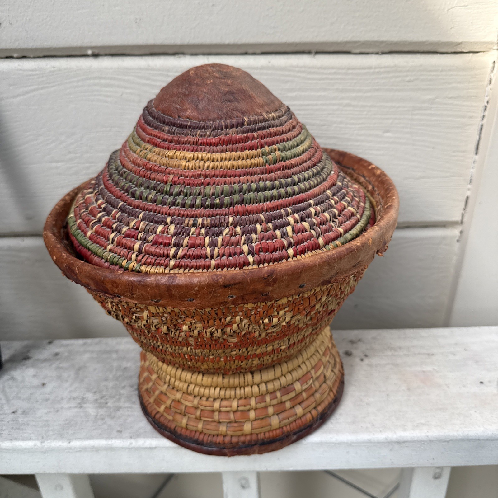Vintage Ethiopian Harari Muday Coiled Basket Conical Lid Leather Trim Footed 8\