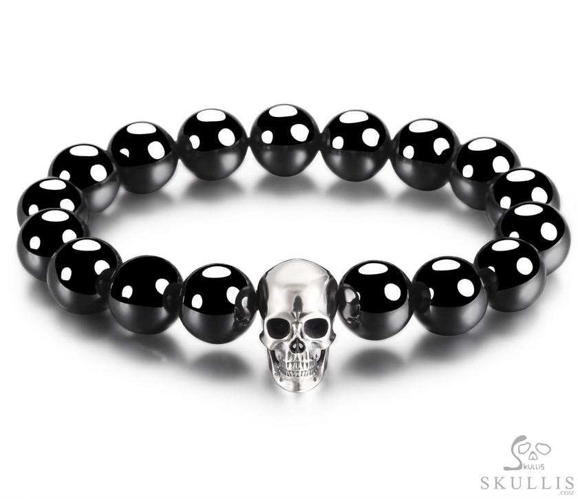 925 Sterling Silver Hand Carved Skull & Black obsidian Bracelet