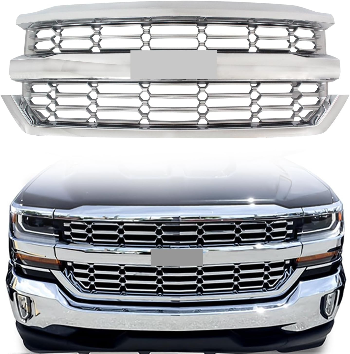Front Grille Grill for 2016-2018 Chevy Silverado 1500, Chrome & Silver Front Grille Grill for 2016-2018 Chevy Silverado 1500, Chrome & Silver