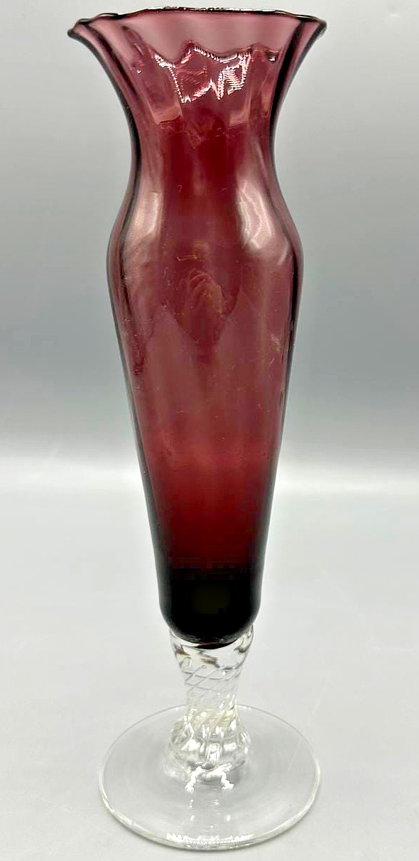 Vintage Japanese Amethyst Glass Bud Vase Twisted Stem Ruffled Rim MCM Japan