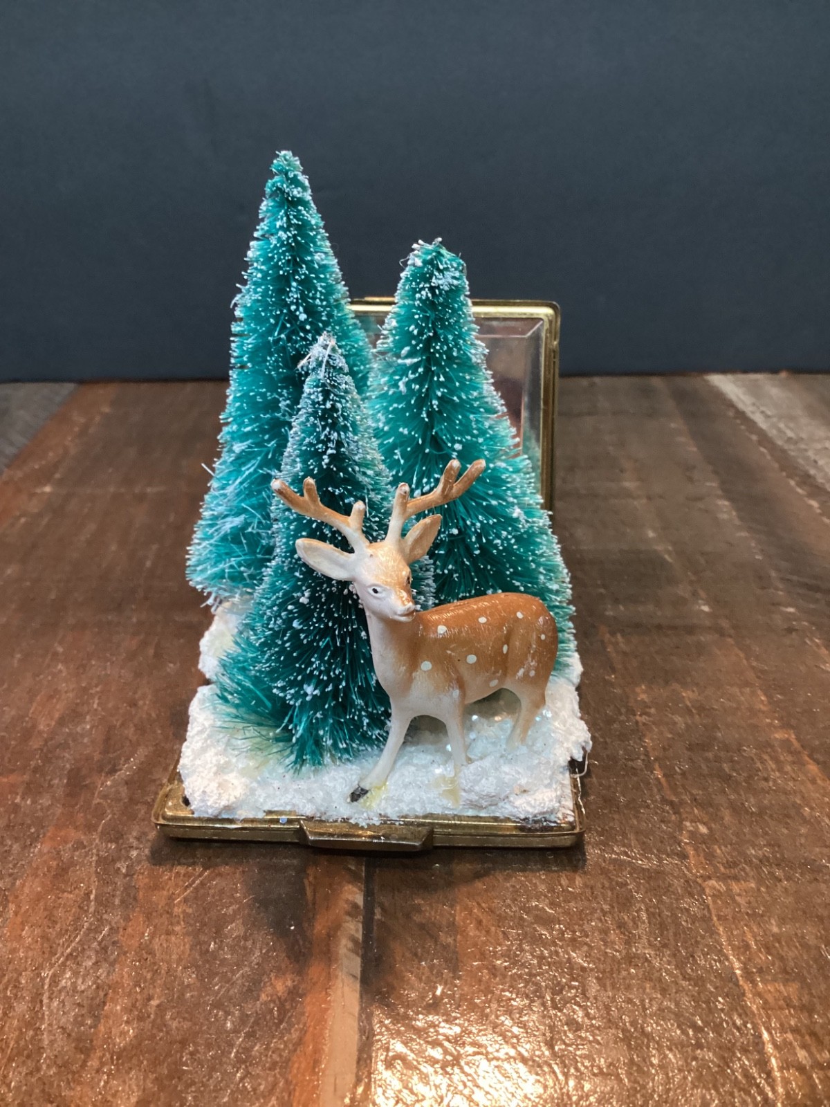 Vintage hand crafted winter diorama Flocked Deer Christmas Bottle Brush Trees