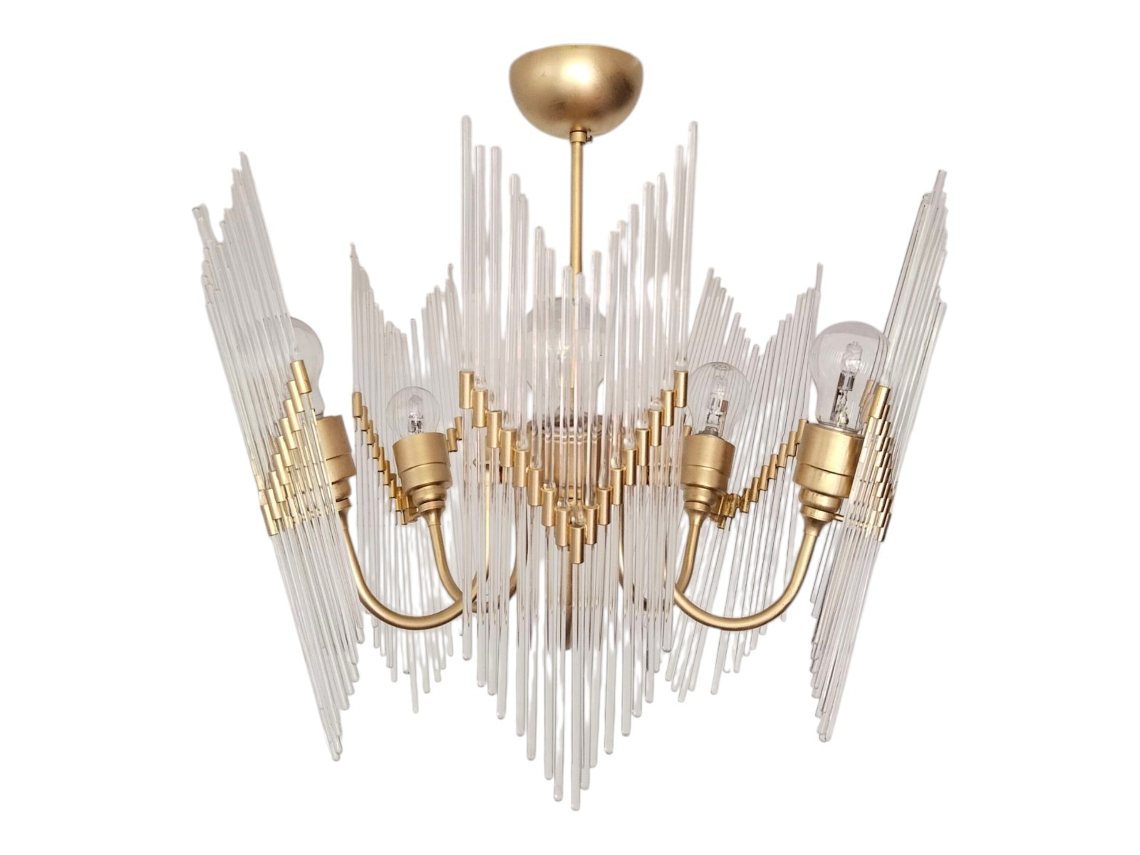 Rare 1970s Brass & Glass Rod Chandelier | 5-Light Vintage Fixture | Restored