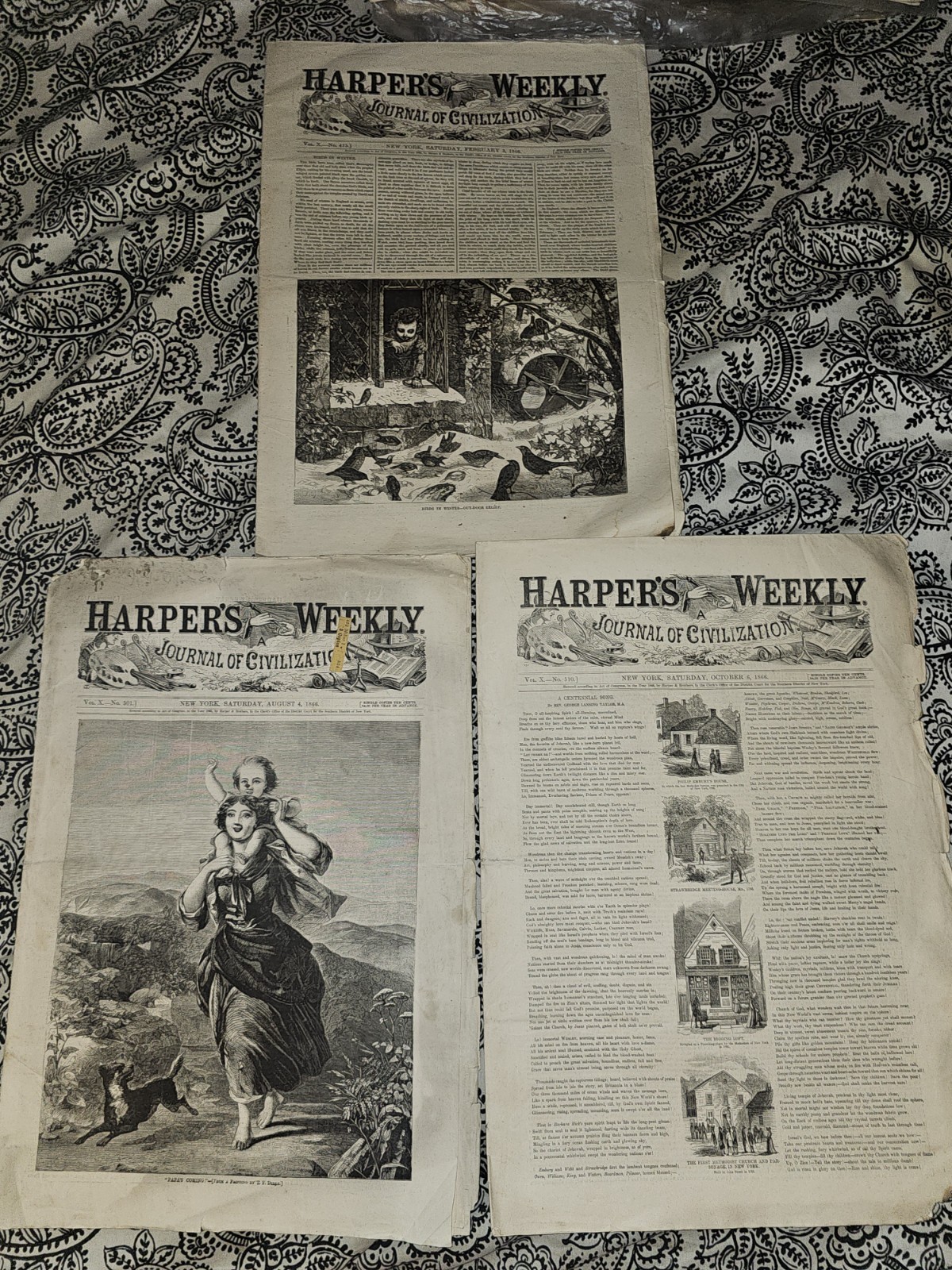 Lot 3 Vintage 1866 Harper\'s Weekly Newspapers Full  Civil War Era Reconstruction
