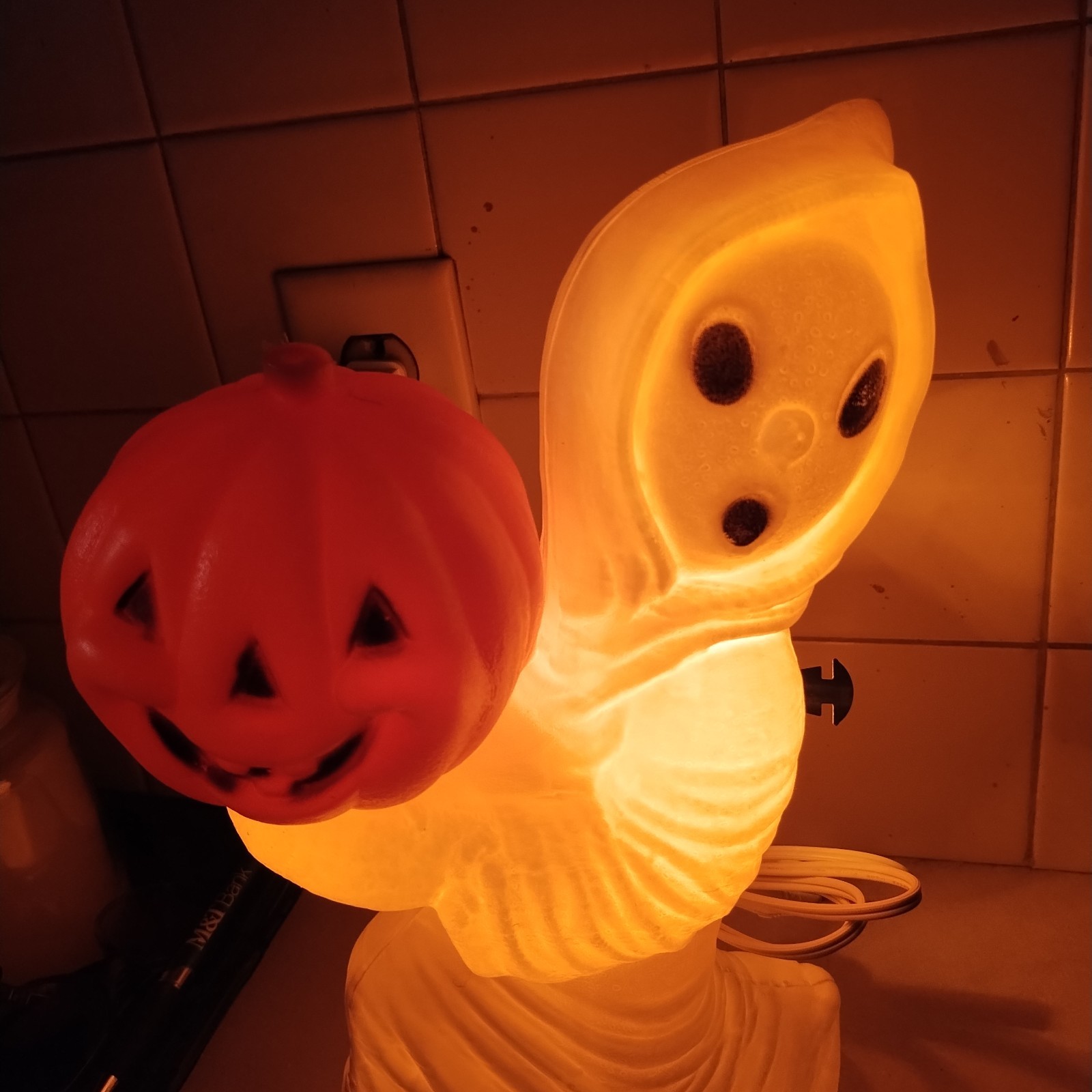 Vintage Blow Mold Ghost Holding A Pumpkin Halloween General Foam Plastic 13\