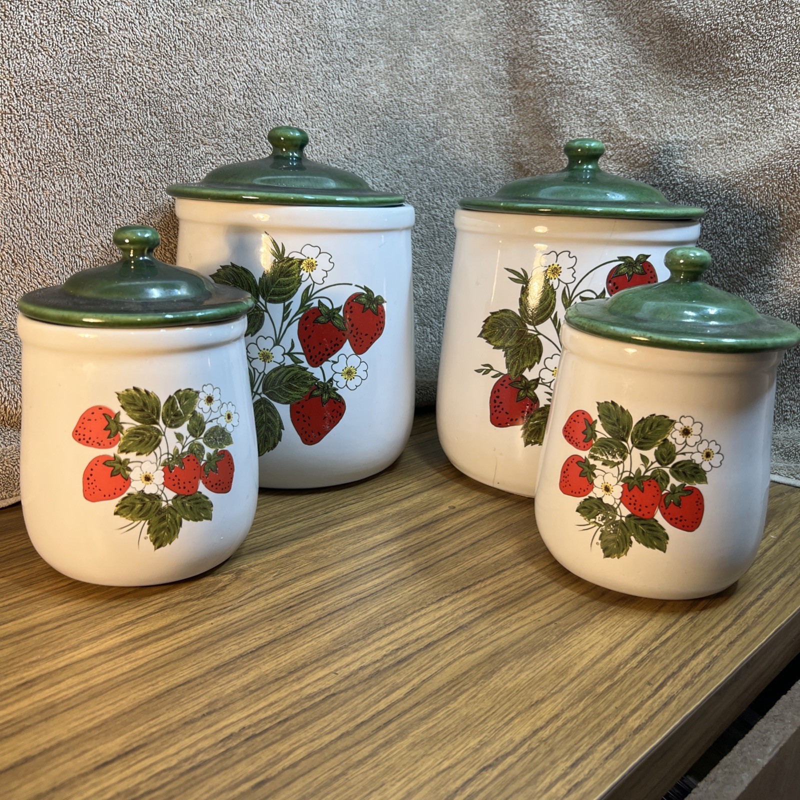 4 Vintage McCoy Strawberry Daisy Pottery Cannister Set. USA 135 PLEASE READ