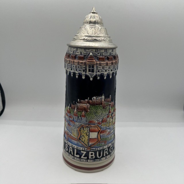 Original King Salzburg Beer Stein 1L Western Germany Ceramic Lidded Mug 1000 R