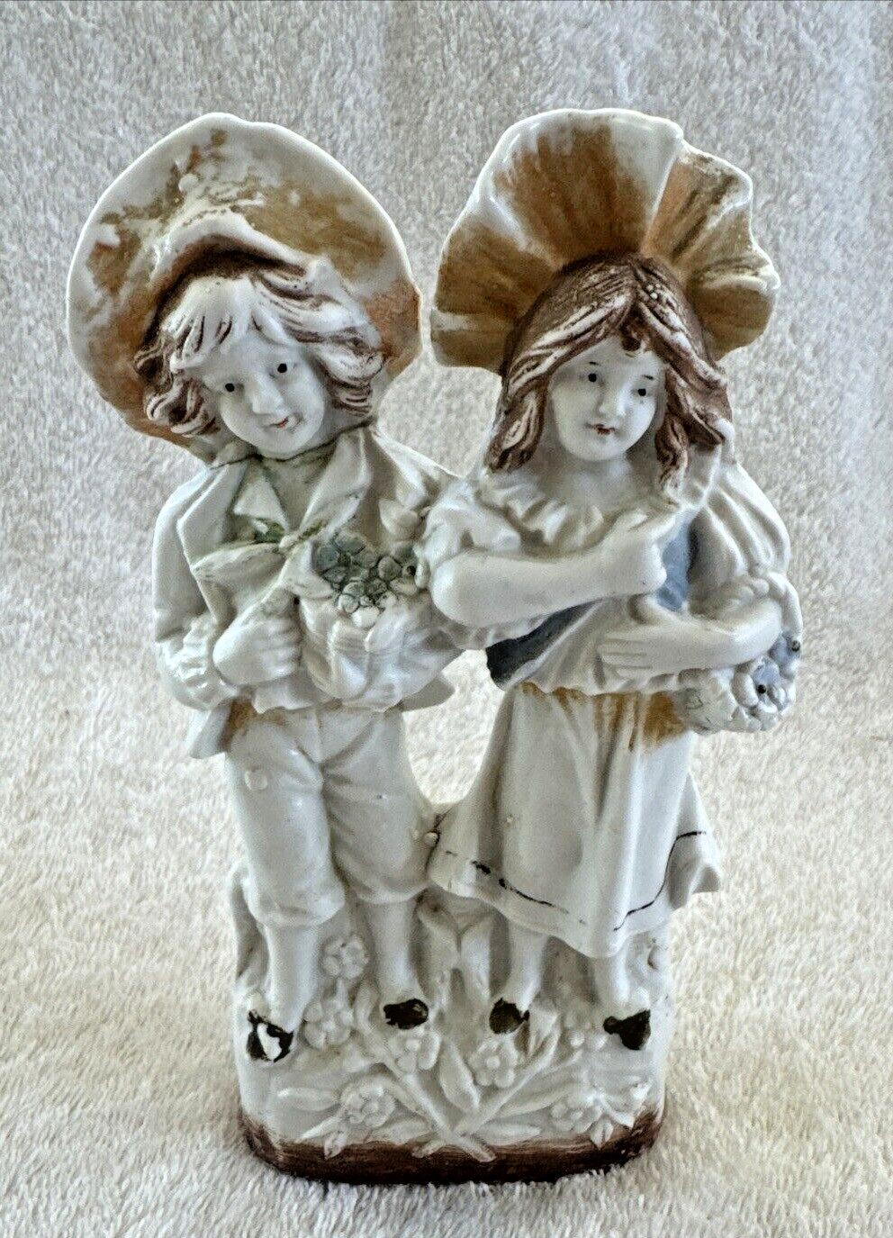 Antique German Bisque Porcelain Figurine Boy & Girl with Basket of Flowers 1903 Antique German Bisque Porcelain Figurine Boy & Girl with Basket of Flowers 1903