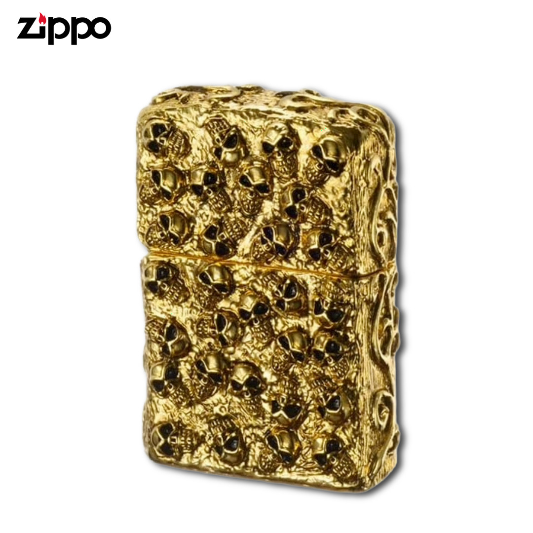 Zippo Skull Jacket GI Gold Lighter – Full Metal Skull Armor Antique Gold Heavywe