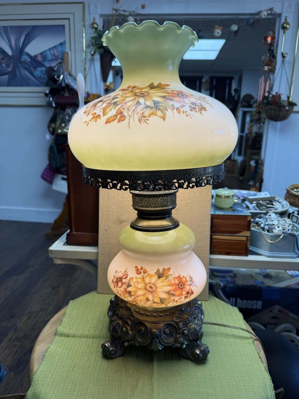 Vintage Green Milk Glass Gone With The Wind Parlor Lamp Working 3 Way GWTW Exc