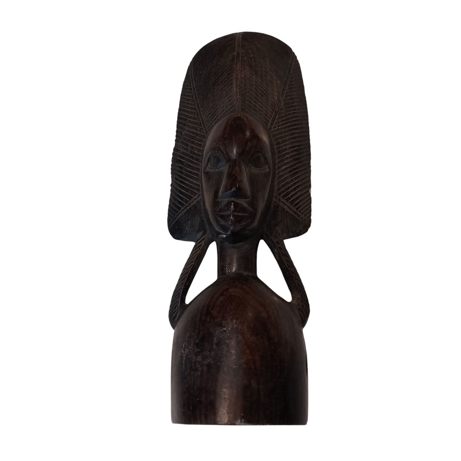 Hand-Carved African Tribal Wooden Bust Sculpture With Intricate Hair Design