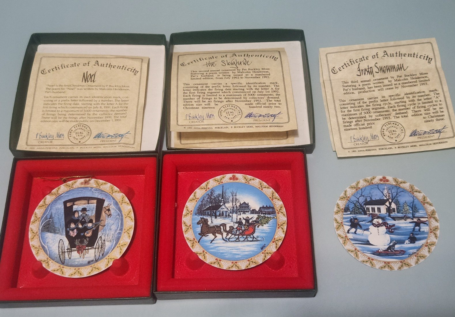 Set of 3 P Buckley Moss Ceramic Christmas Ornaments with Certificates Two in Box