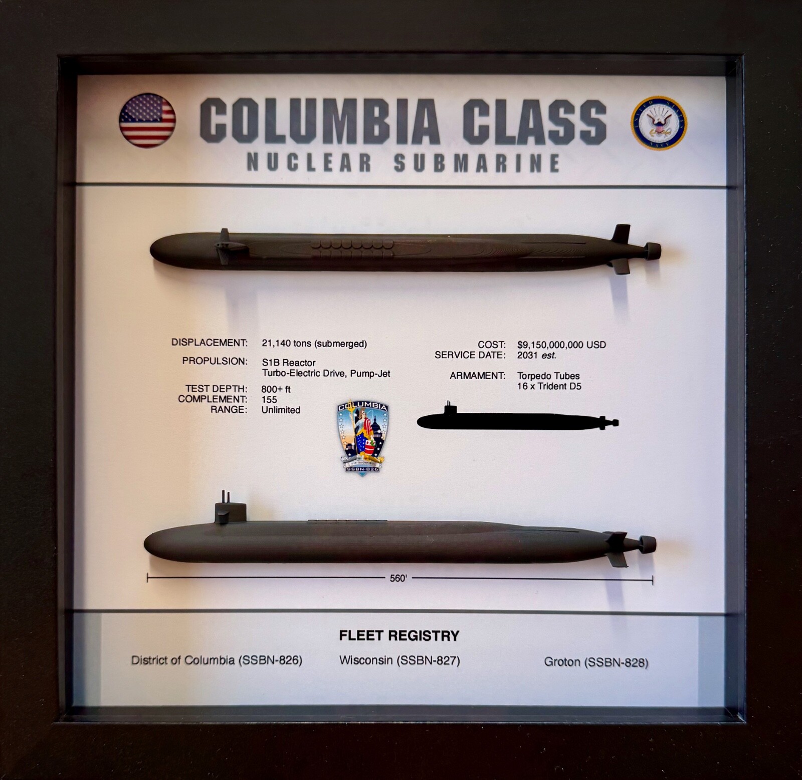 Columbia Class Submarine Shadow Display Box, 9 Columbia Class Submarine Shadow Display Box, 9