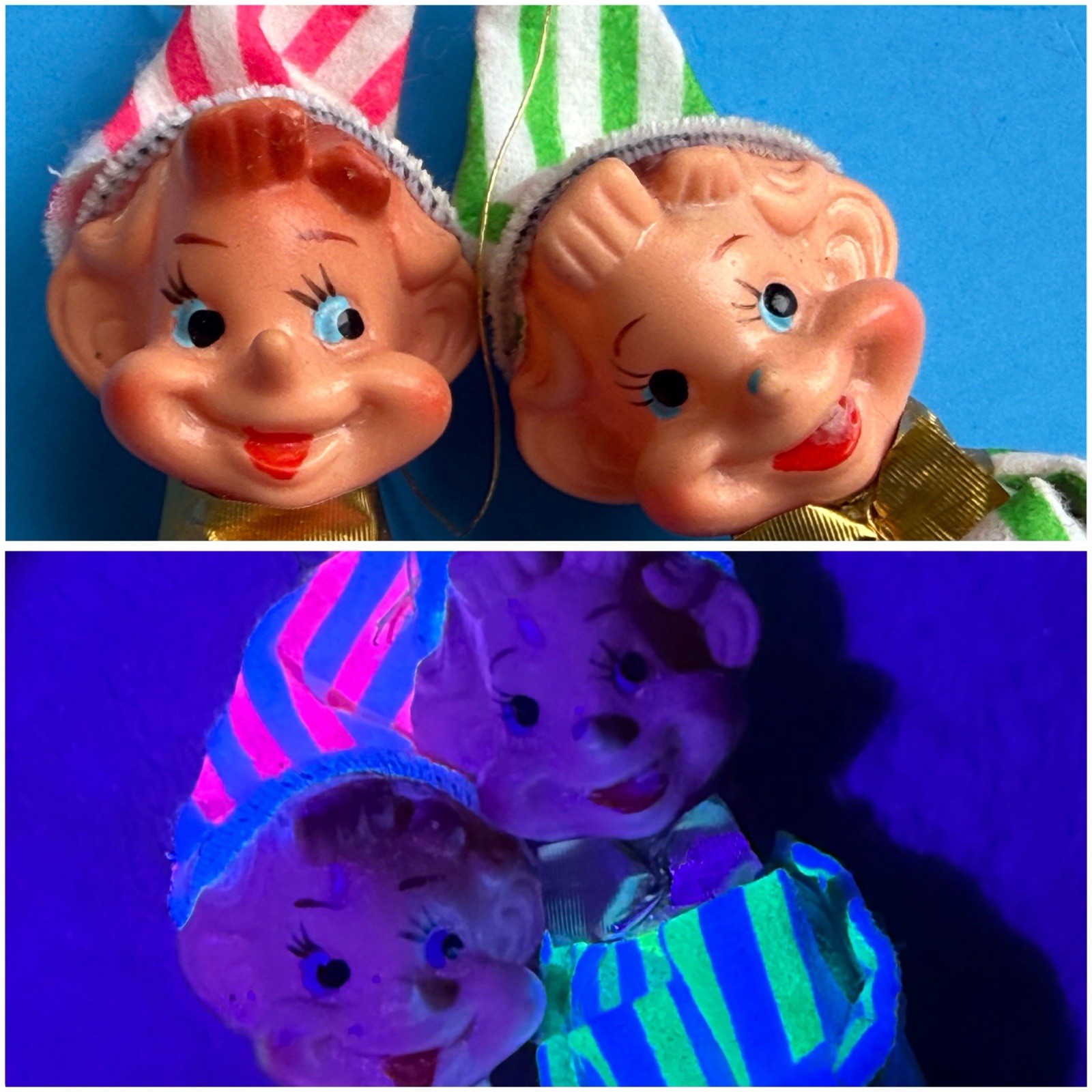 Vtg Set 2 Christmas Pixie Elf Ornaments Stripes Knee Hugger Florescent Glows JPN