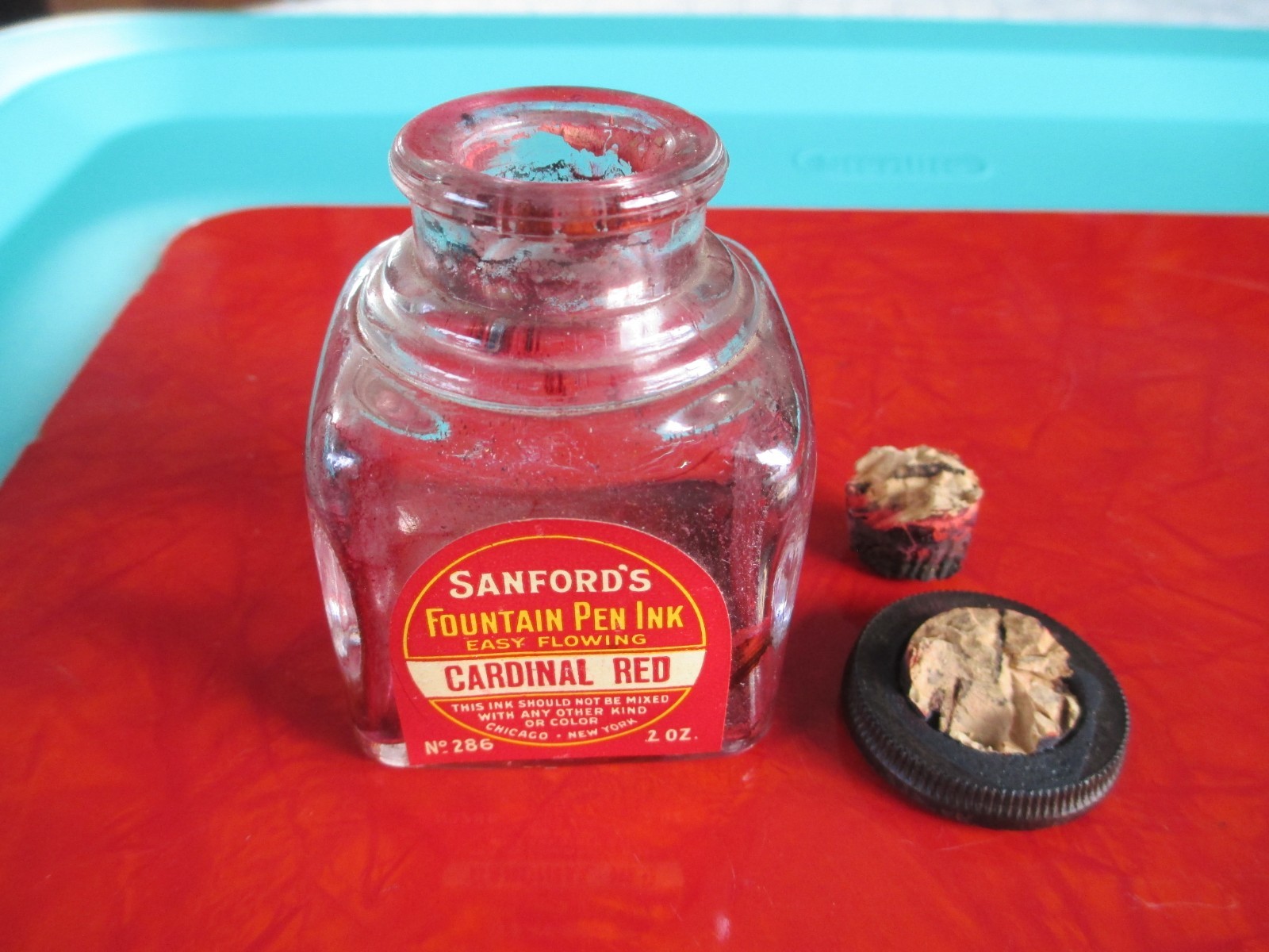 VINTAGE SANFORD\'S CARDINAL RED CORK TOP FOUNTAIN PEN INK REFILL JAR