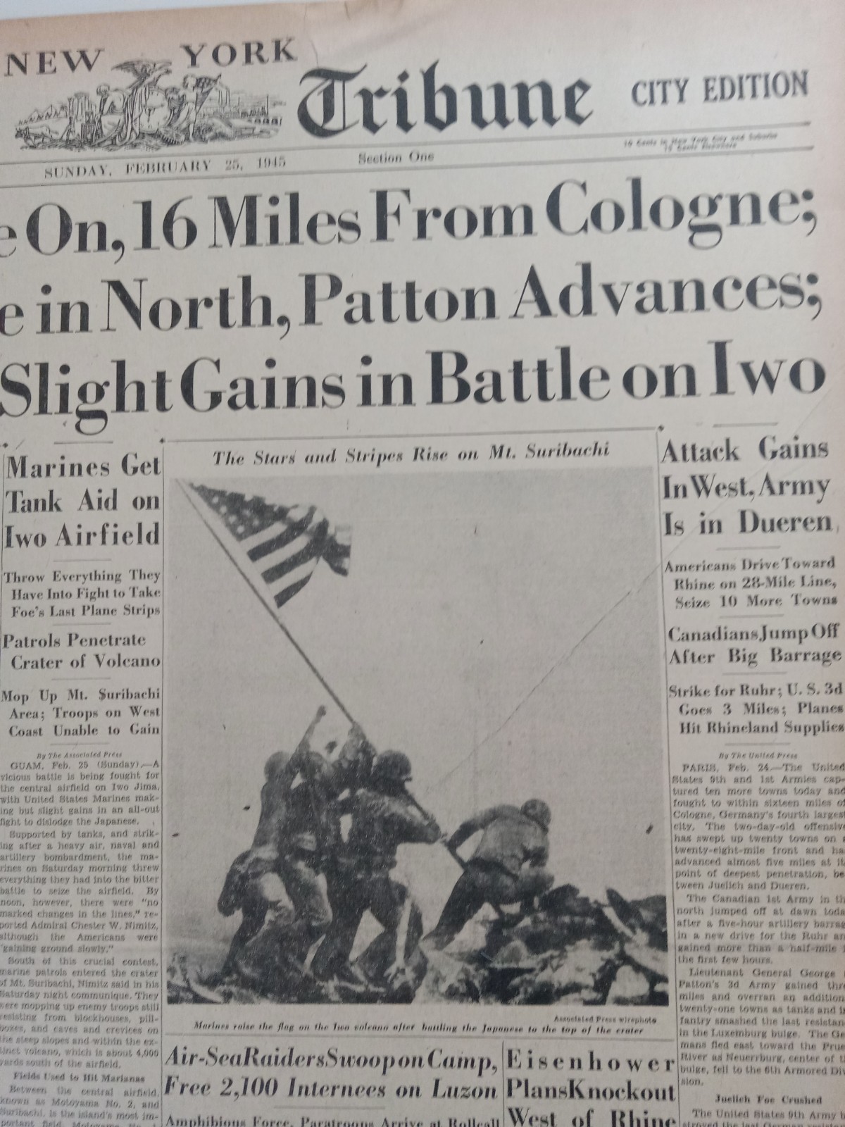 Iwo Jima Flag Raising - FIRST PUBLICATION - February 25, 1945 New York Newspaper
