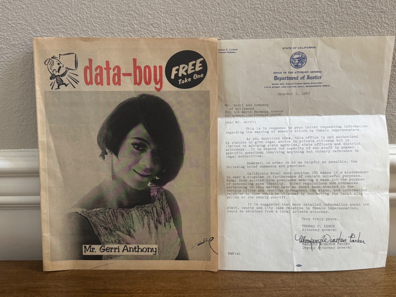 1970 LGBTQ CIVIL RIGHTS DATA-BOY MR GERRI LA DRAG VALLI HAUS 1967 CA DOJ LETTER