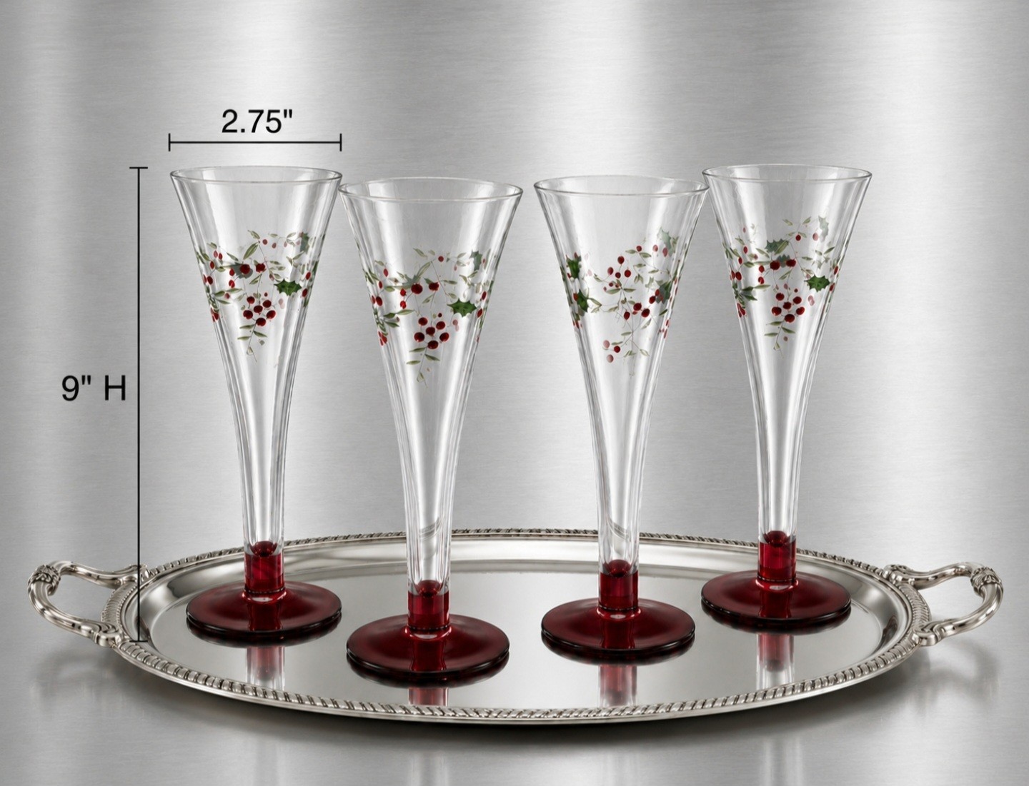 PFALTZGRAFF Flut  Winterberry  Set Of  4 Glassware set, Green Holly/Red Berries