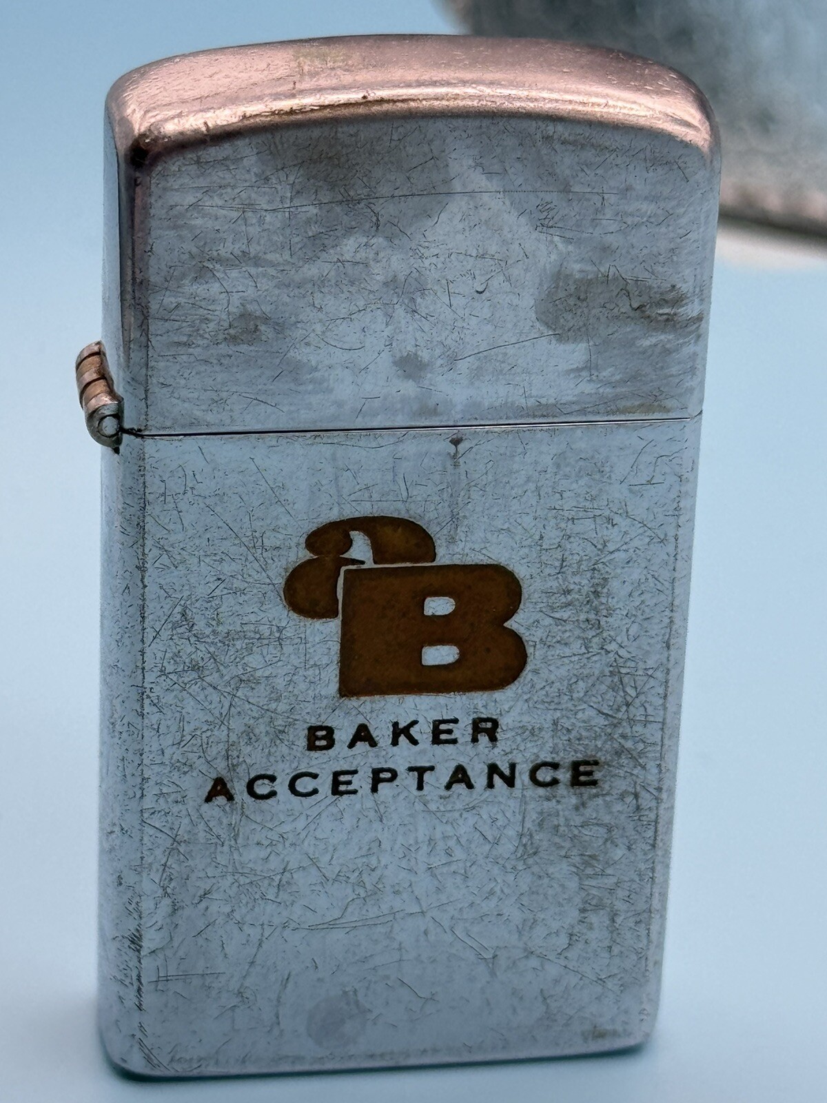 Vintage 1958 Baker Acceptance Advertising Chrome Slim Zippo Lighter