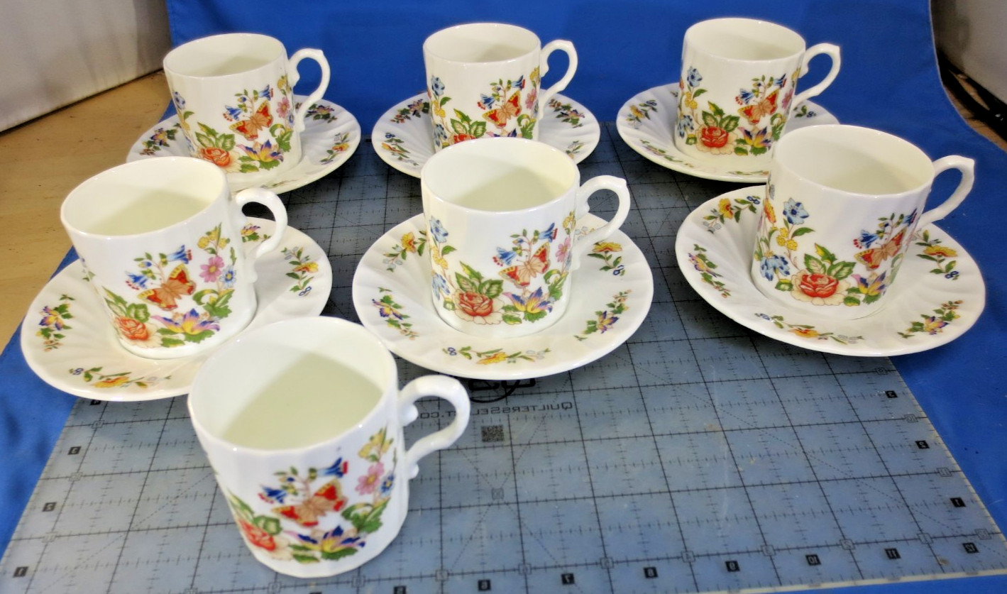 SET Vintage Aynsley Cottage Garden Demitasse 7 Cups & 6 Saucers Made in England