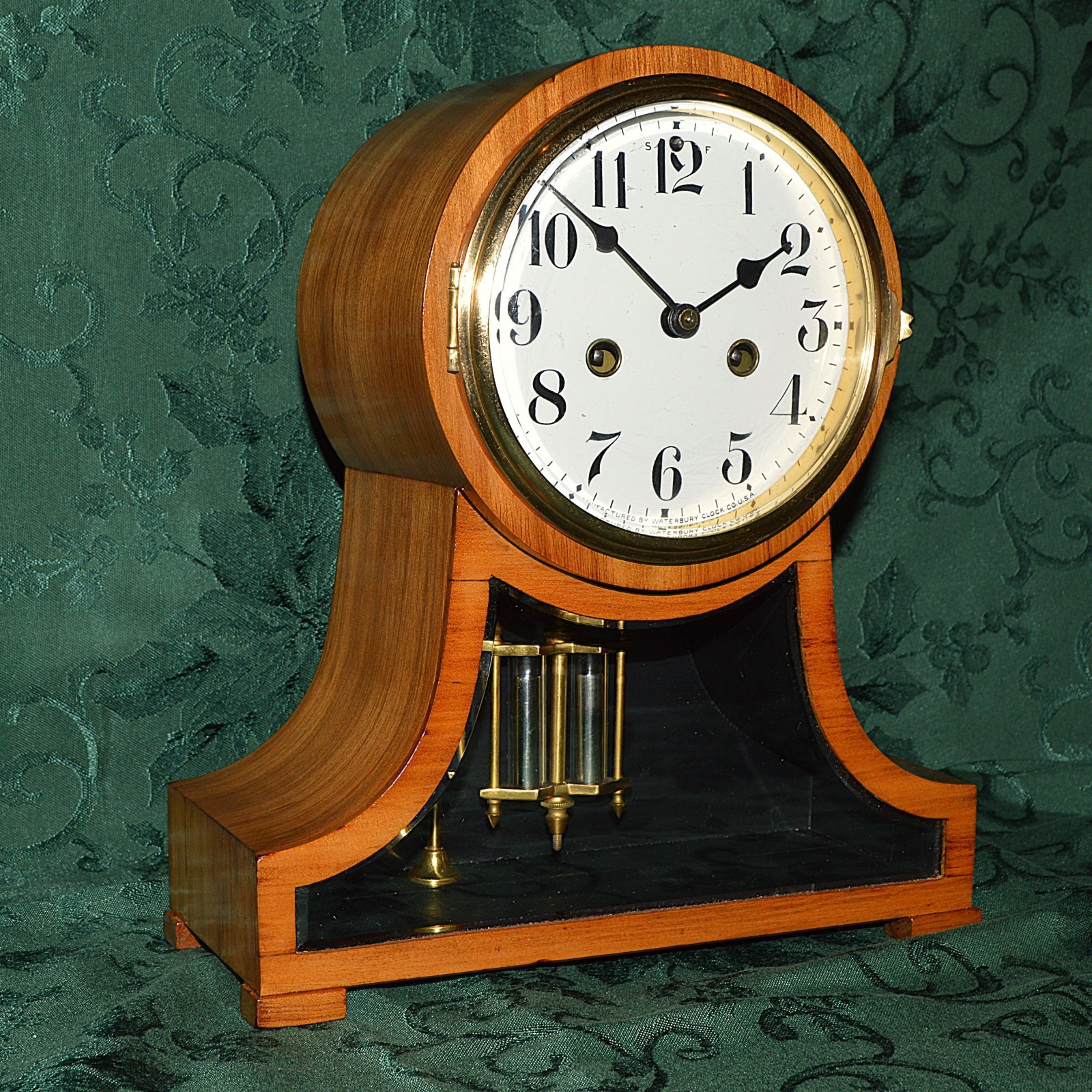 RARE ANTIQUE WATERBURY FONTAINE GLASS FRONT MANEL CLOCK. RESTORED. SERVICED.
