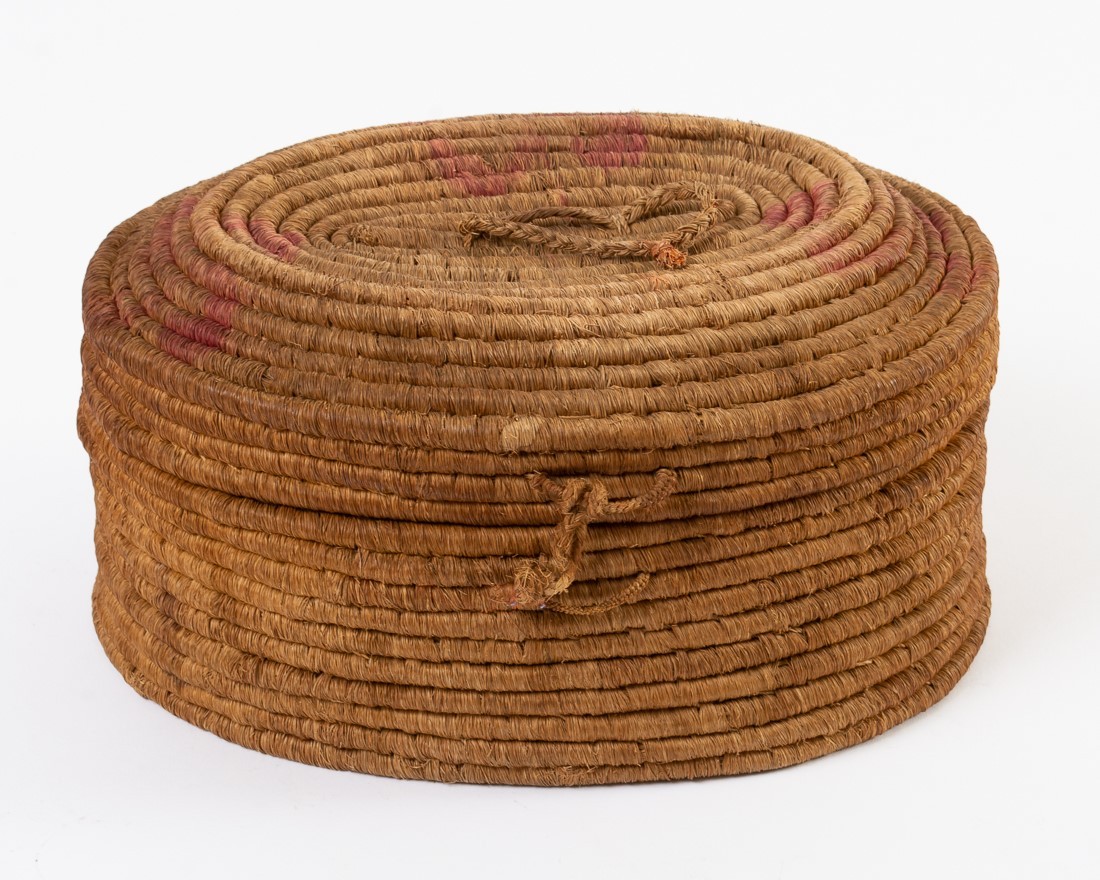 Antique Alaskan Inuit Coiled Basket with Latching Hinged Lid 9.5\