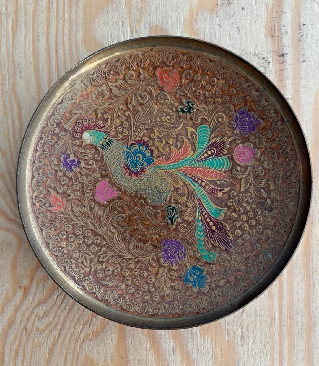 Vintage etched brass peacock decorative plate