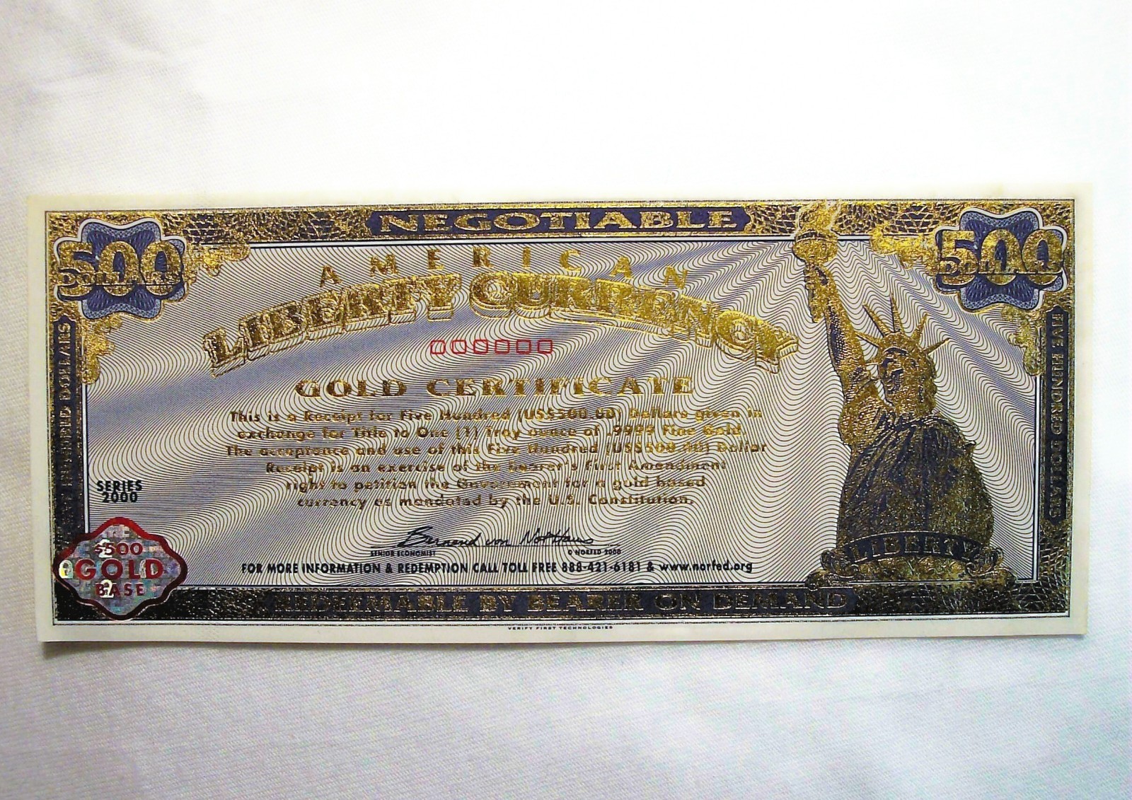 NORFED - 2000 American Liberty Currency $500 Gold Certificates - Specimen Only