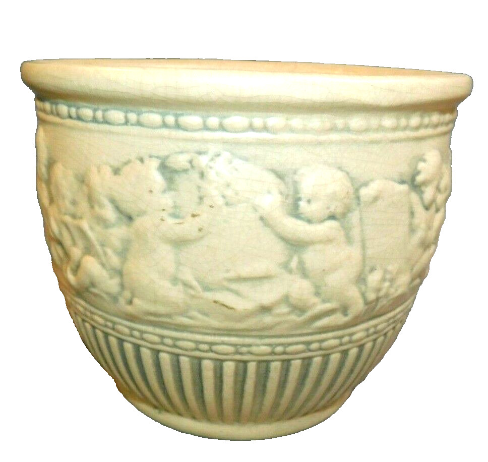 ANTIQUE WELLER ART POTTERY FAIRFIELD CHERUB IVORY/GREEN JARDINIERE 6 5/8 ANTIQUE WELLER ART POTTERY FAIRFIELD CHERUB IVORY/GREEN JARDINIERE 6 5/8