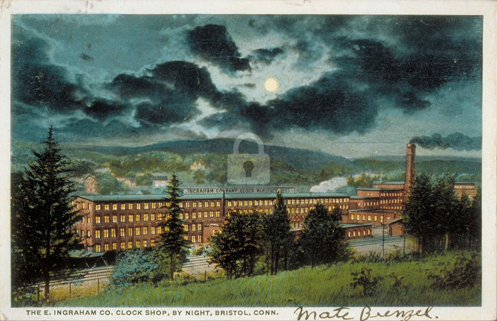 E. Ingraham Co. Clock Shop by Night, Bristol CT Vintage Reproduction Postcard