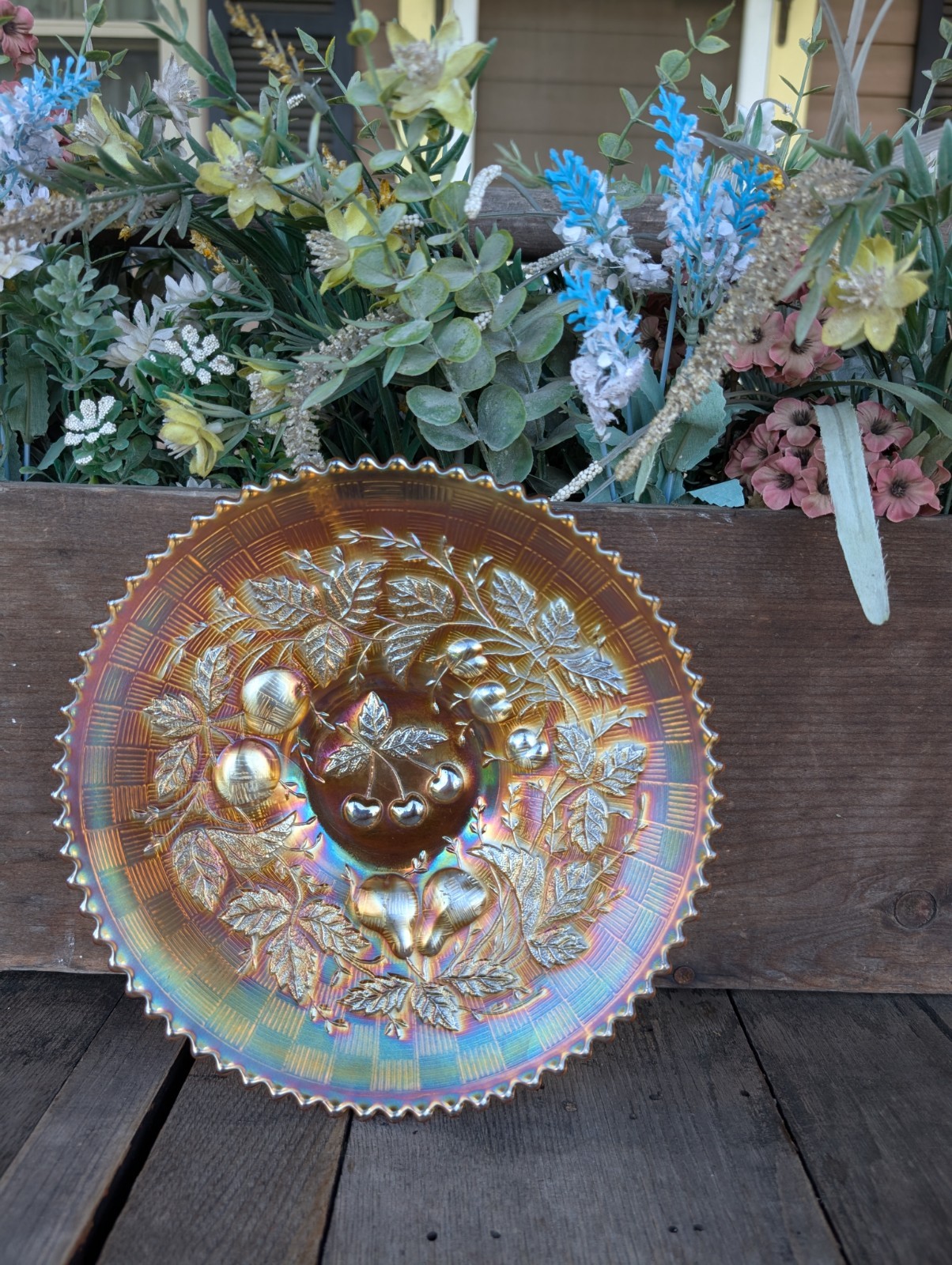 Vintage Northwood Marigold Three Fruits Carnival Glass 9