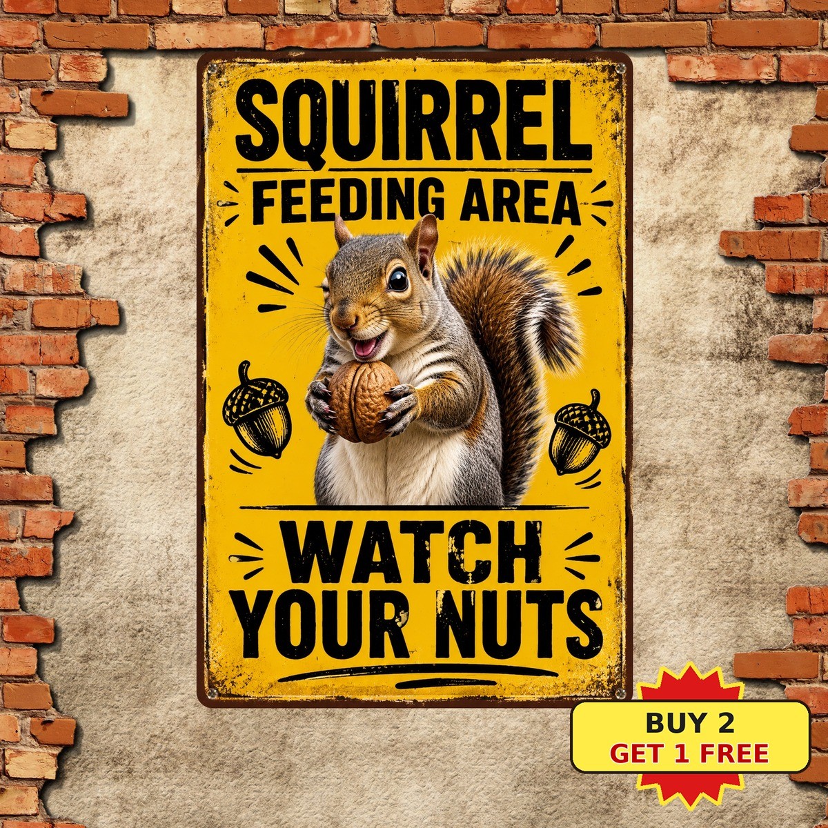 Funny Squirrel Feeding Area Watch Your Nuts Metal Sign Garden Tree Yard Plaque