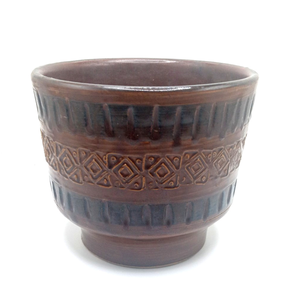 Vintage Mid Century Modern Brown Ceramic Pot w Embossed Geometric Band Pattern