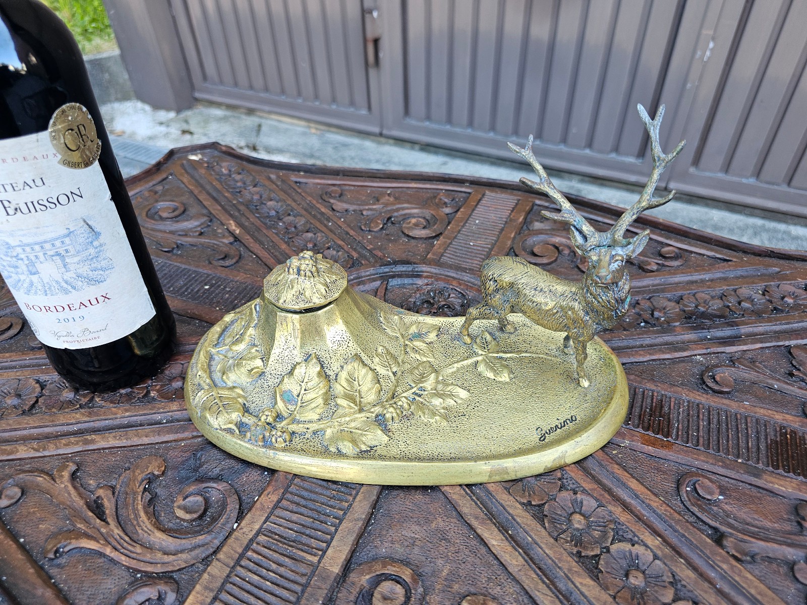 Antique French bronze inkwell deer animal Antique French bronze inkwell deer animal