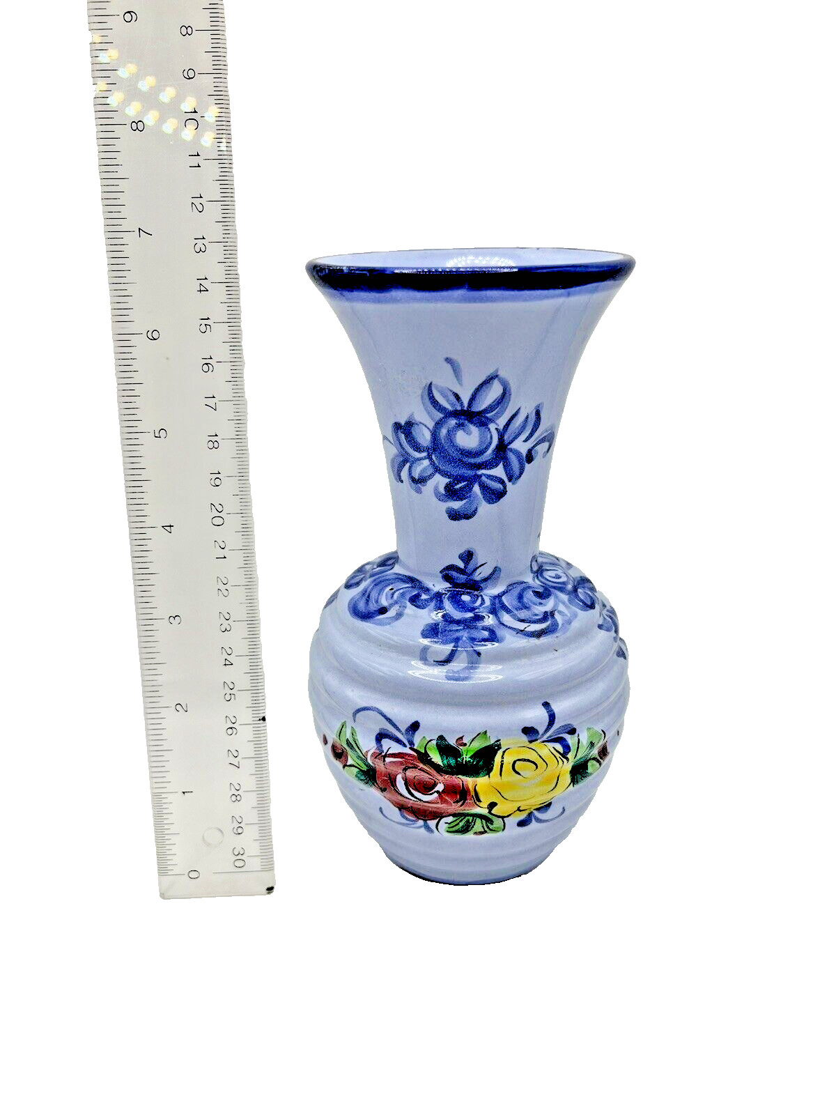Vestal Pottery Vase Signed Hand Painted Blue with Floral Design Portugal