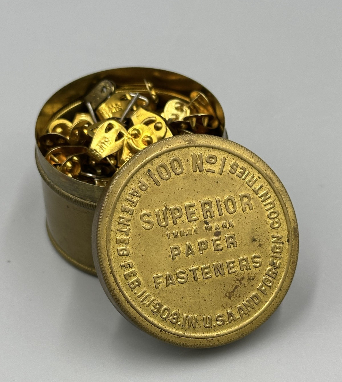 1908 SUPERIOR PAPER FASTENERS Desk Top SIDNEY OHIO Antique Advertising Tin