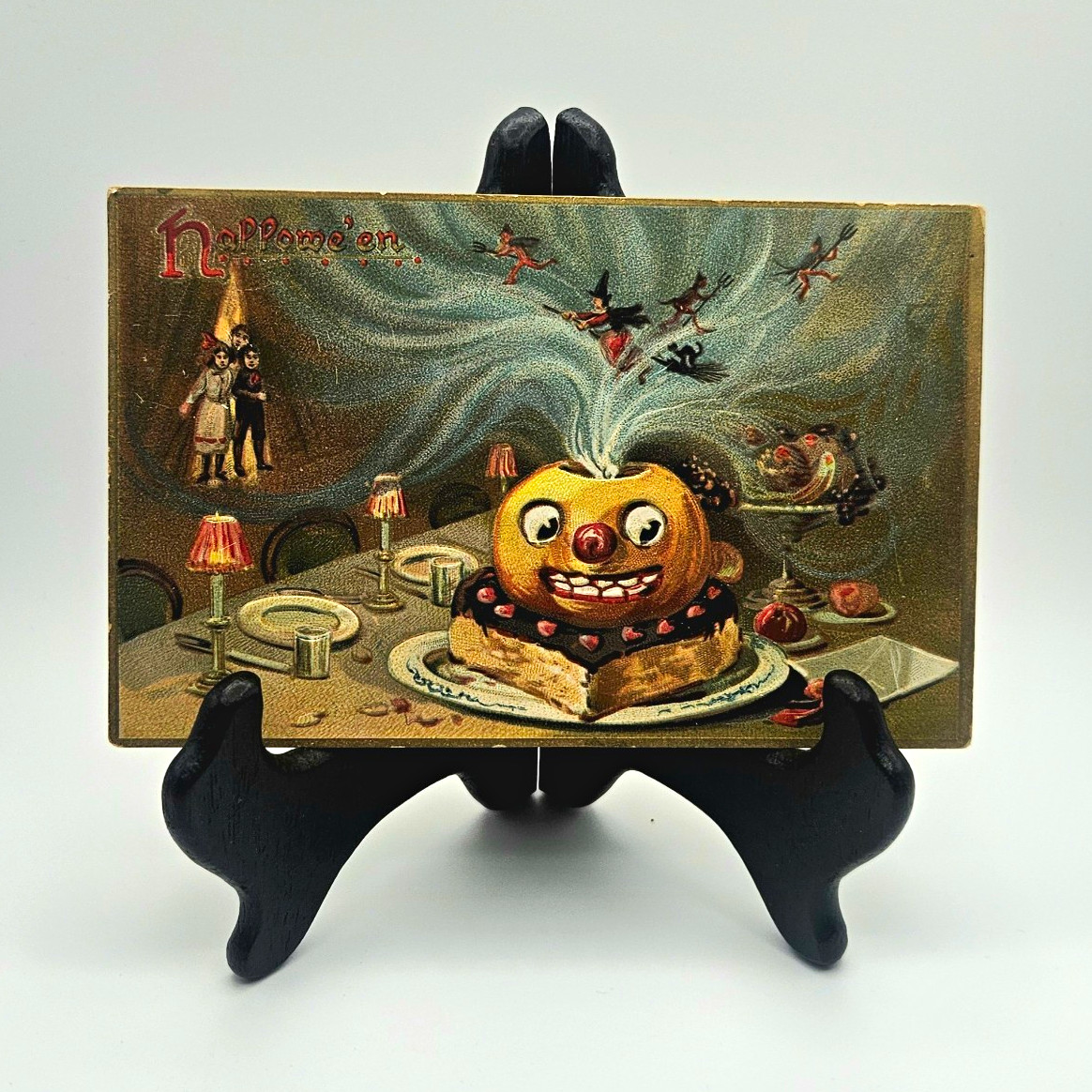 RARE Antique 1908 Raphael Tuck & Sons HALLOWE\'EN Witch Cat Pumpkin Post Card