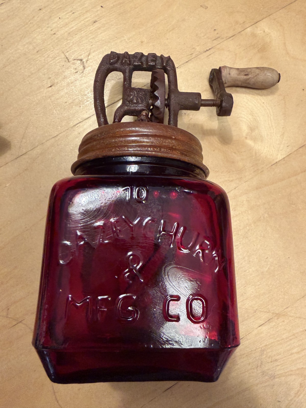 Ruby Red Glass Butter Churn Set of 2 sizes Dazey  #5 & #10 Glows Yellow