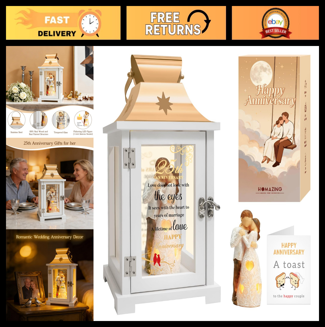 25th Anniversary Gifts for Couples - Silver Lantern Figurine for 25 Years of Mar