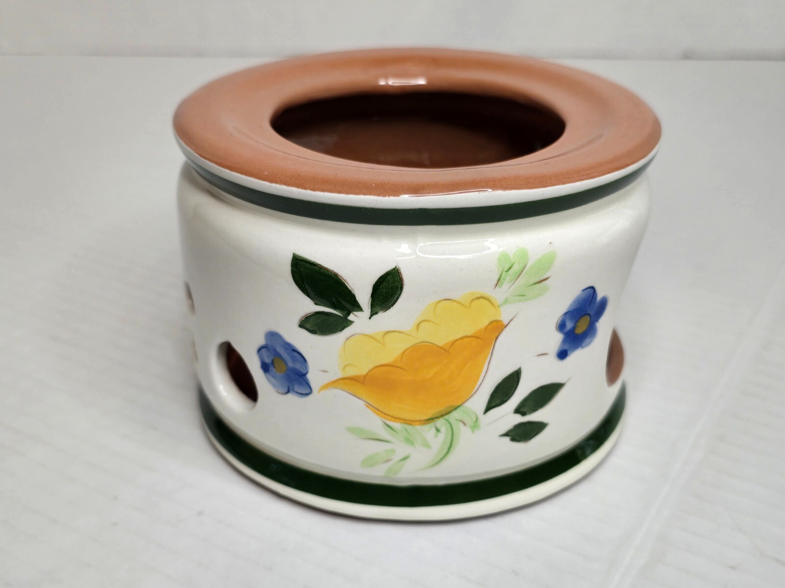 Vintage Stangl Pottery Floral Candle Holder Warmer Cream Green Blue Trenton NJ