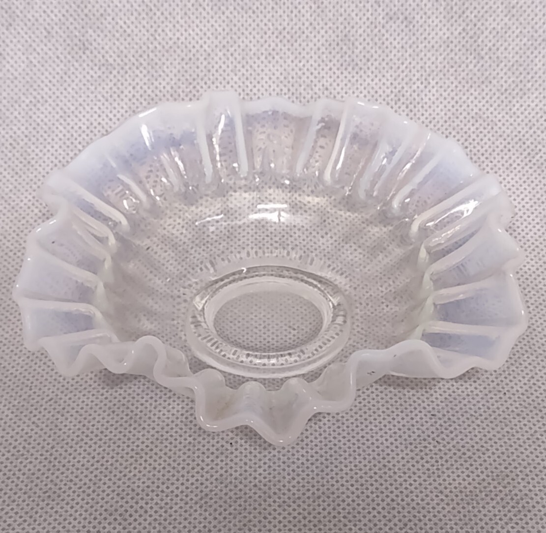 Fenton White Opalescent Glass Trinket Dish Bowl Crimped Ribbon Edge 5.25