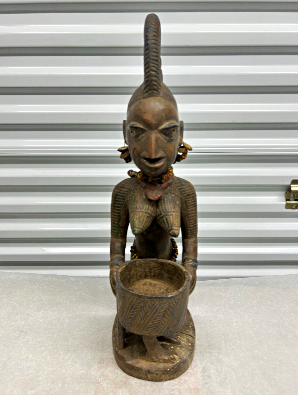 25” Vintage Hand Carved Yoruba African Figure Female Kneeling Holding Bowl/kid 