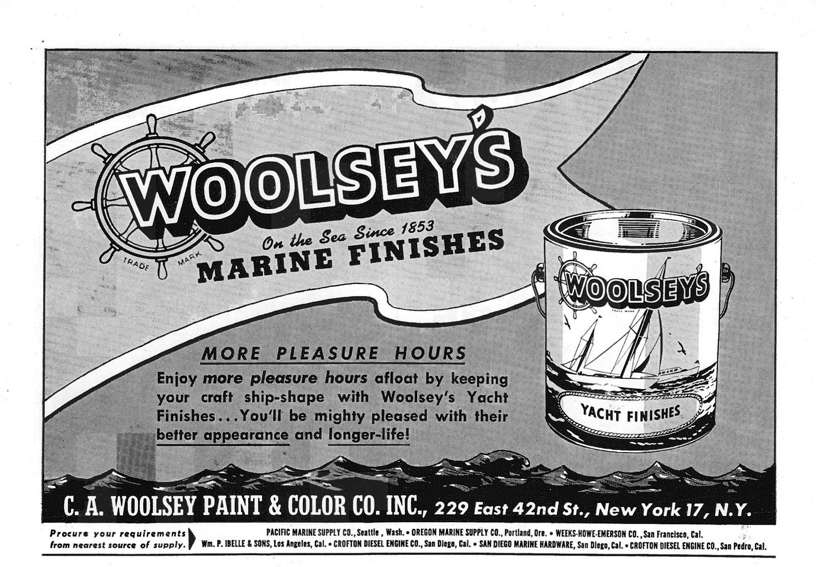 1946 Ad * Woolsey’s Marine Finishes Since 1853 C.A. Woolsey Paint & Color Co NYC