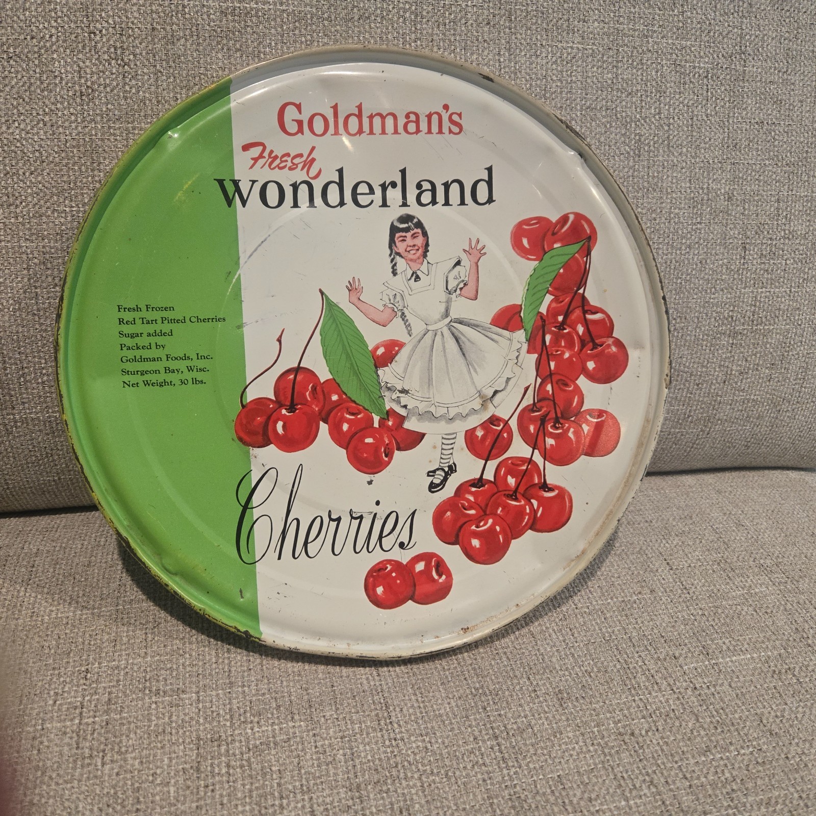 Vtg Goldman's Wonderland Cherries 30 Lb.Tin Can TOP ONLY Door Co Sturgeon Bay WI