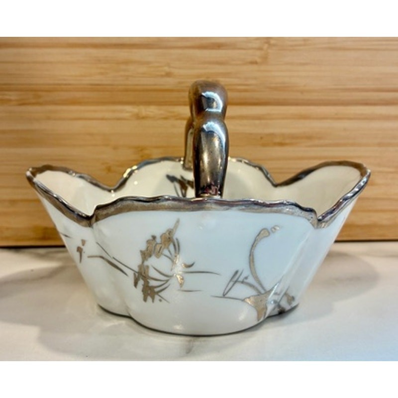 Antique 1900 Z.S & Co Bavaria Hand Painted Porcelain Handled Trinket Dish Basket